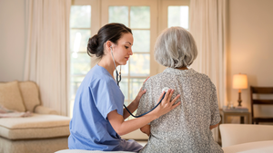 Nurse listening to chest of patient in home